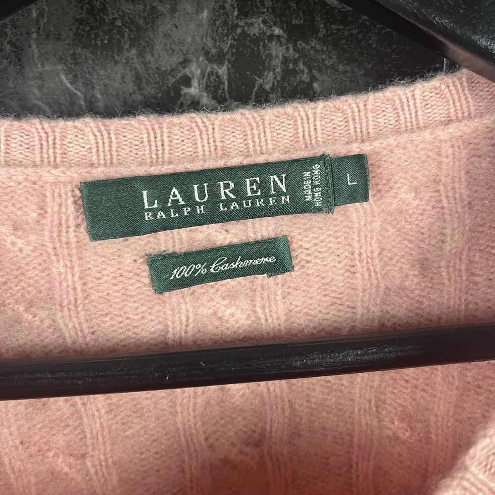 Polo Ralph Lauren Women's Pink Cashmere Cable Knit Sweater Fits Medium -Flaws - Picture 3 of 7